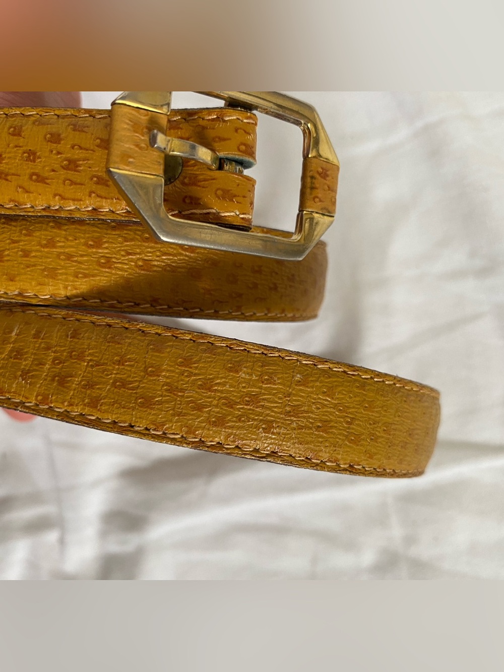 Medicis Vintage Brown Ostrich Embossed Genuine Leather Skinny Belt - France